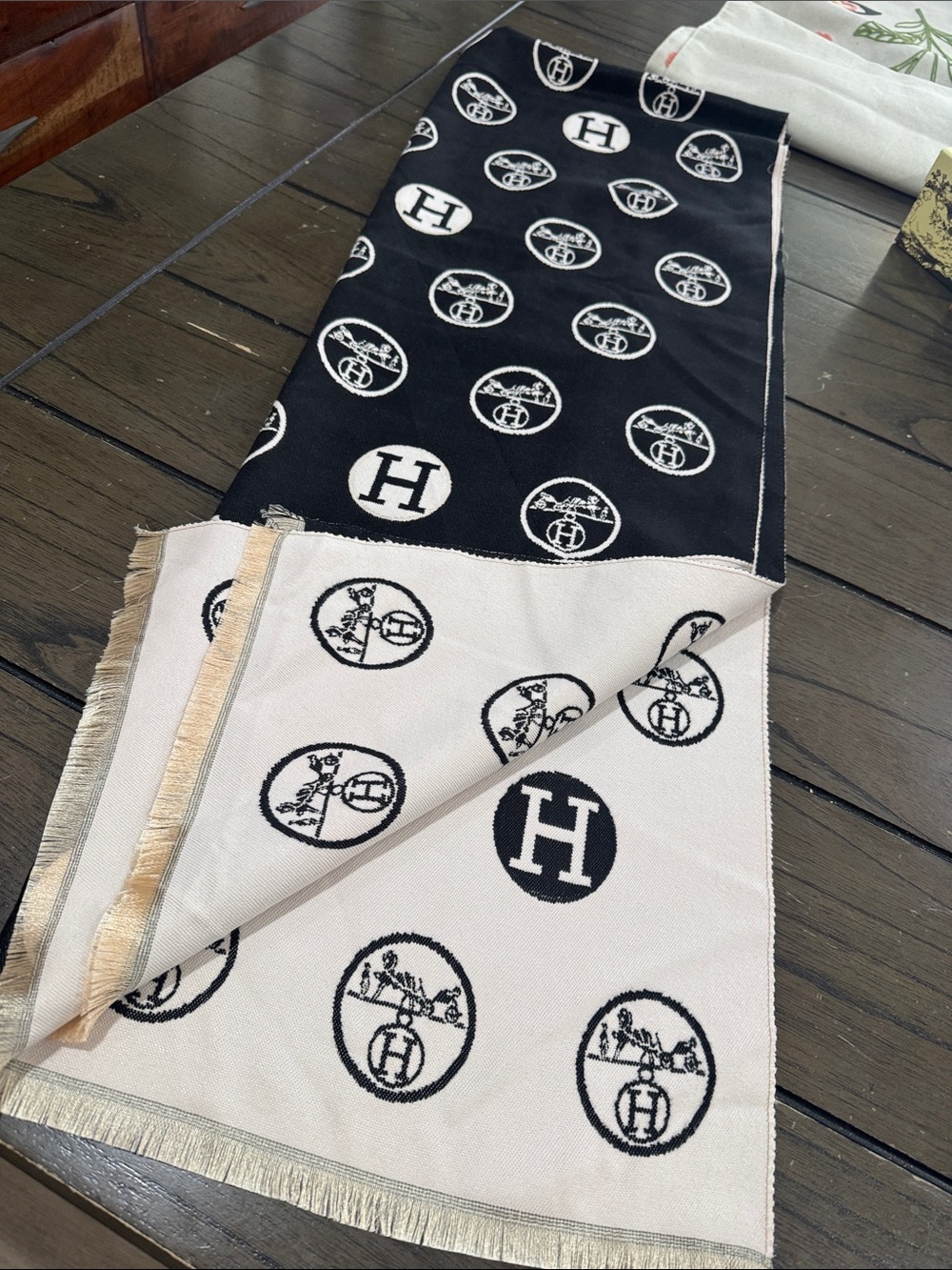 Hermes Black and Cream Logo Jacquard Home Accent Scarf
